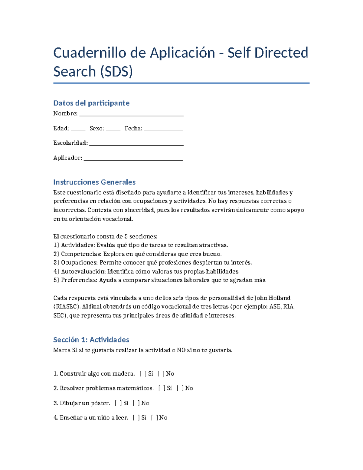 Cuadernillo de Aplicación SDS: Identificación de Intereses Vocacionales ...