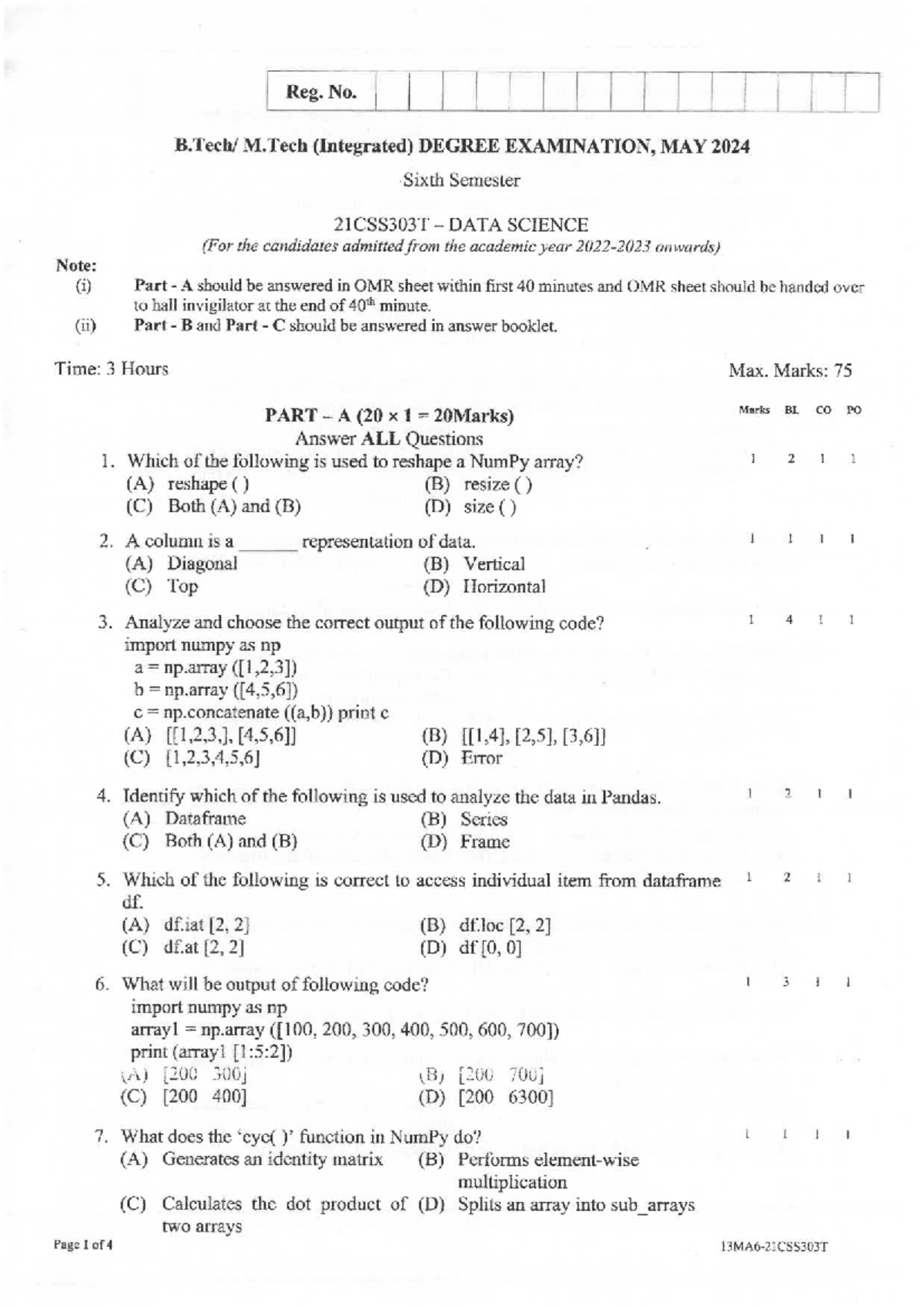 21CSS303T Data Science - M.Tech Final Exam Sample Paper, May 2024 - Studocu