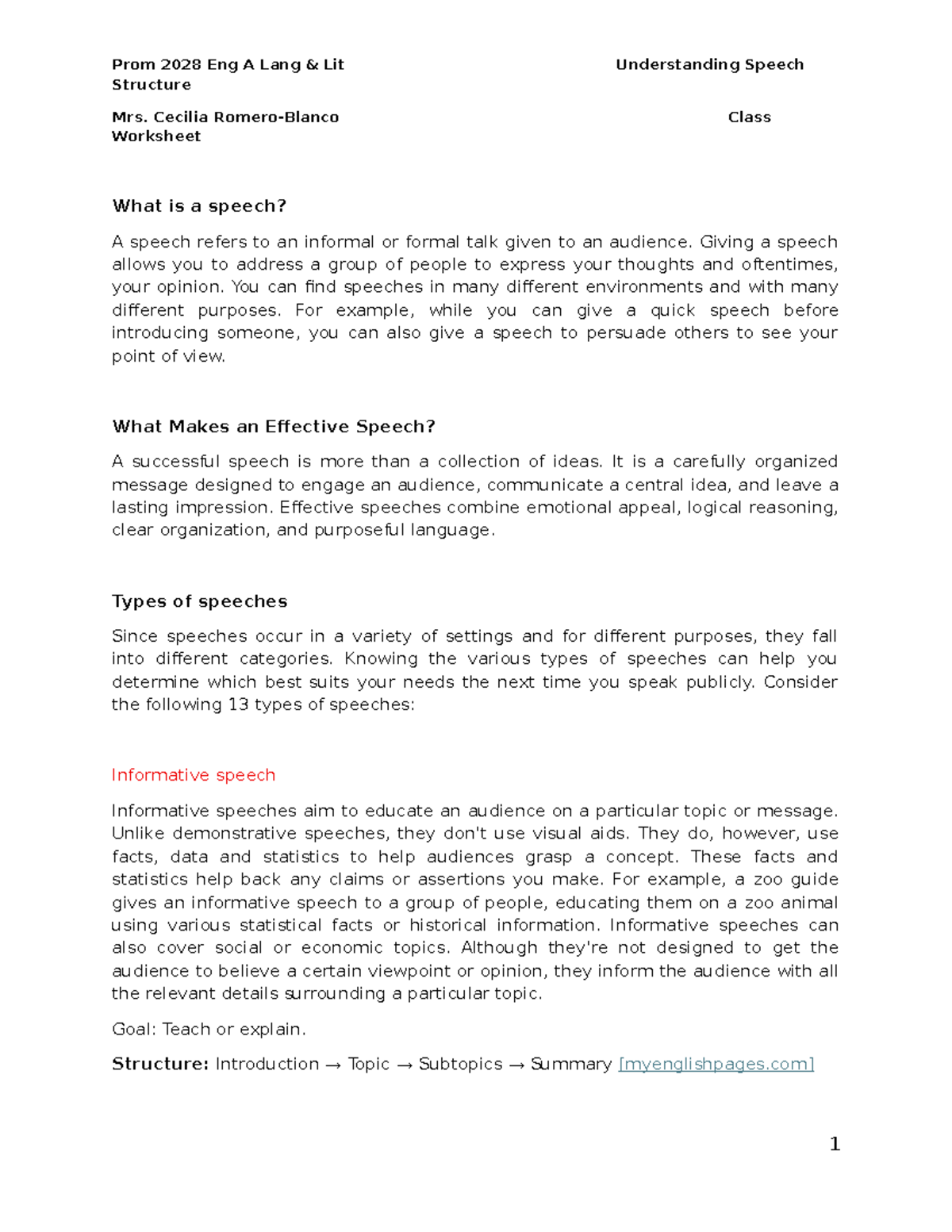 Prom 2028 Eng A Lang Lit Structure: Understanding Speech Worksheet ...