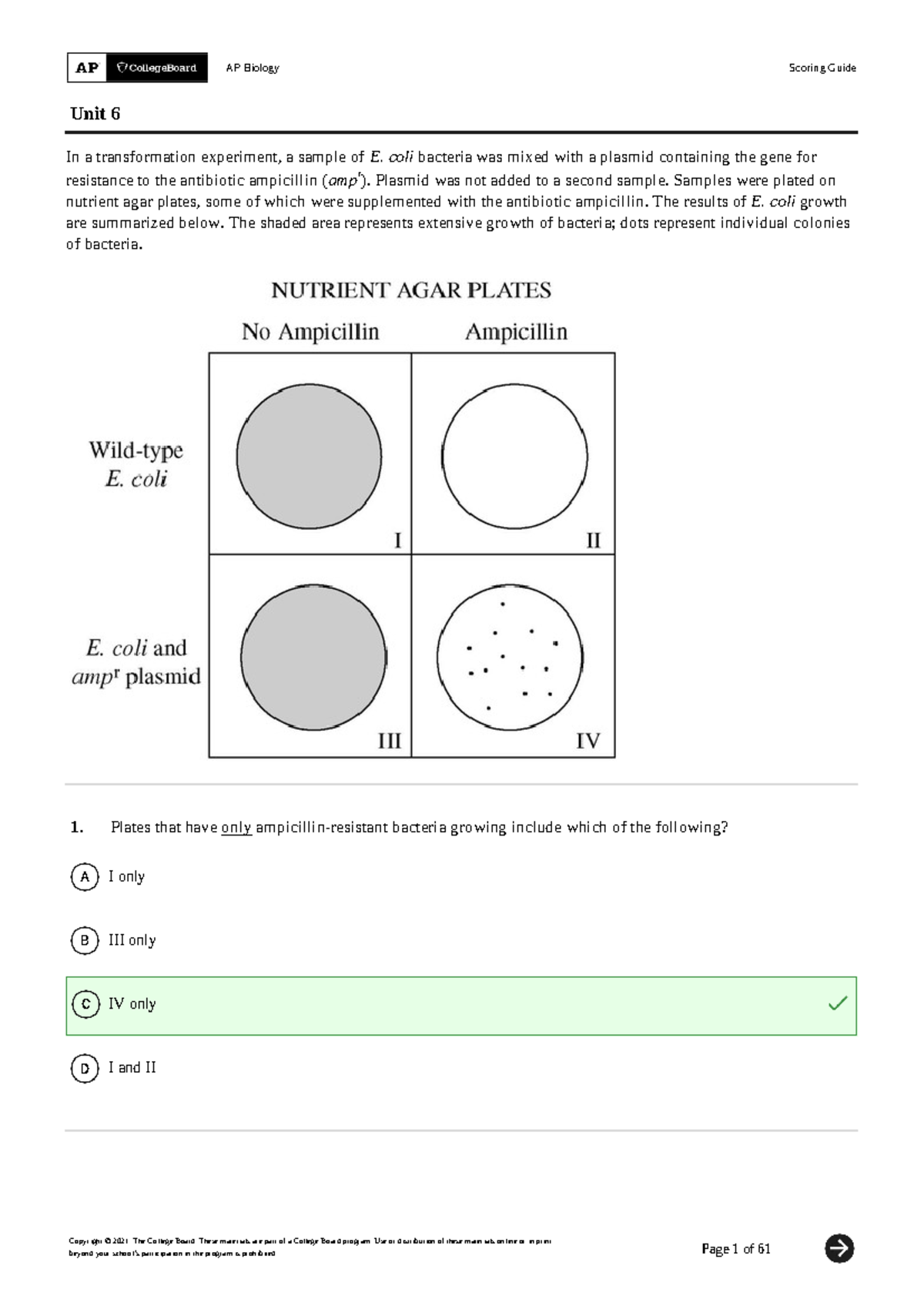 AP Biology Unit 6 MCQ Scoring Guide and Analysis - Document Preview