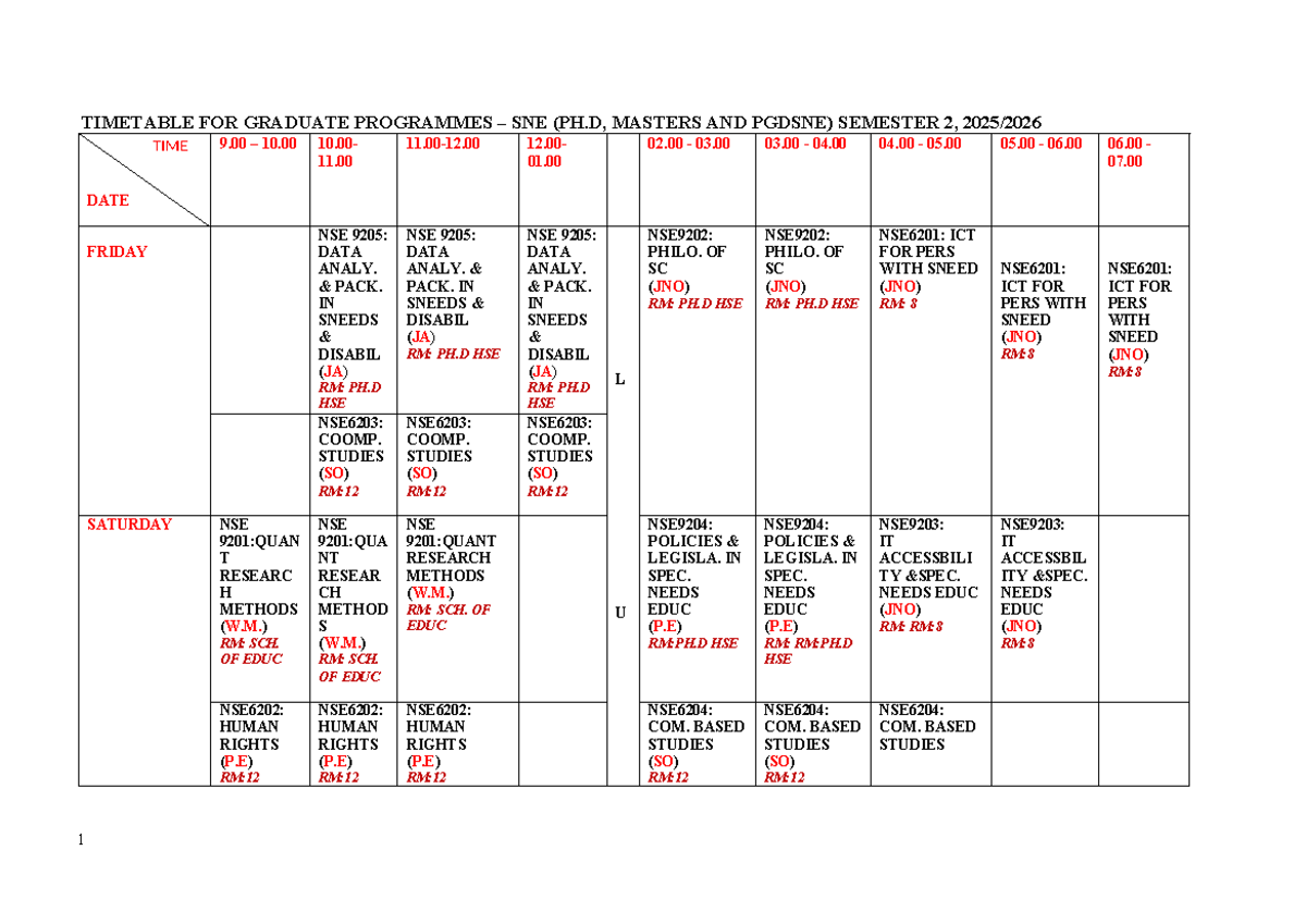 Graduate Programmes Timetable SNE (Ph.D, Masters, PGDSNE) Semester 2 ...