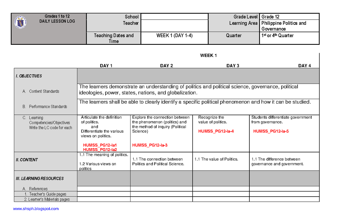 Grade 12 Daily Lesson Log: Concepts of Politics & Governance (PPG ...