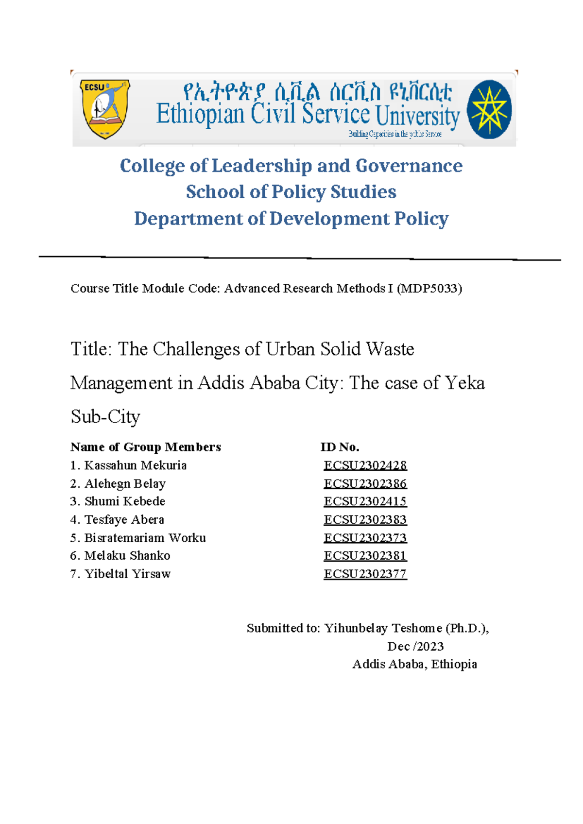 Final Research Proposal: Urban Solid Waste Management in Addis Ababa ...