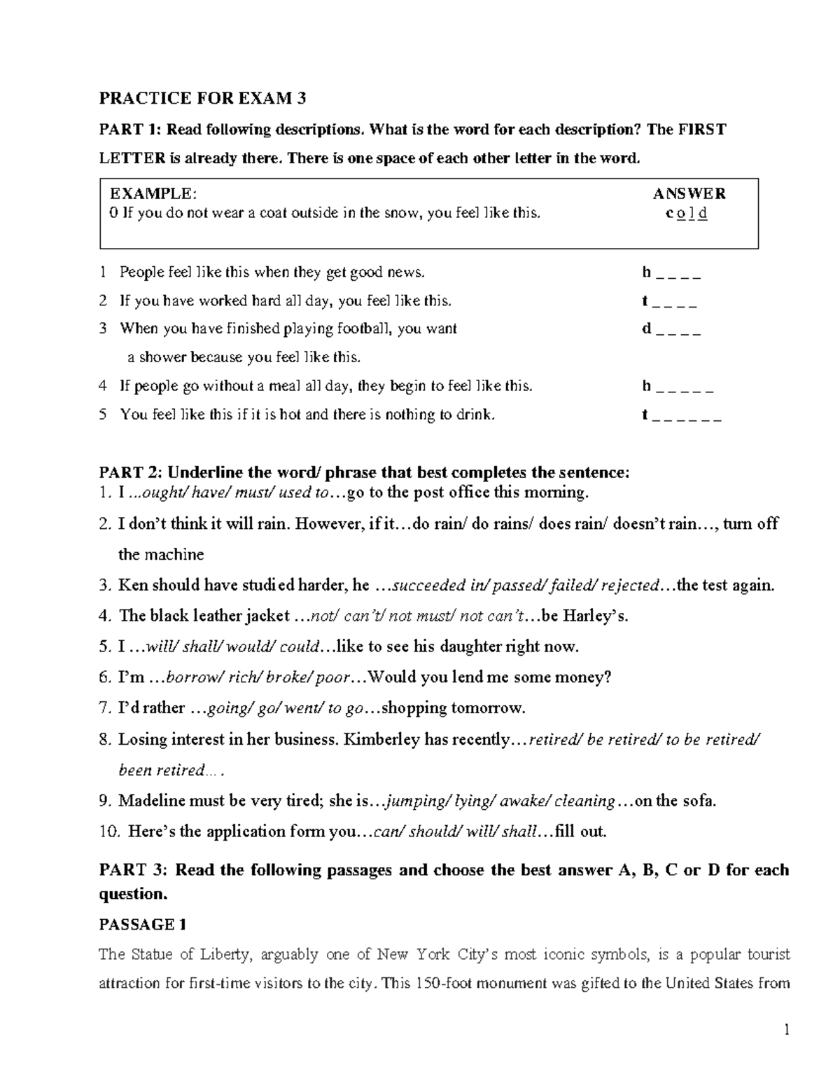 Practice for Exam 3: Vocabulary & Reading Comprehension - Studocu