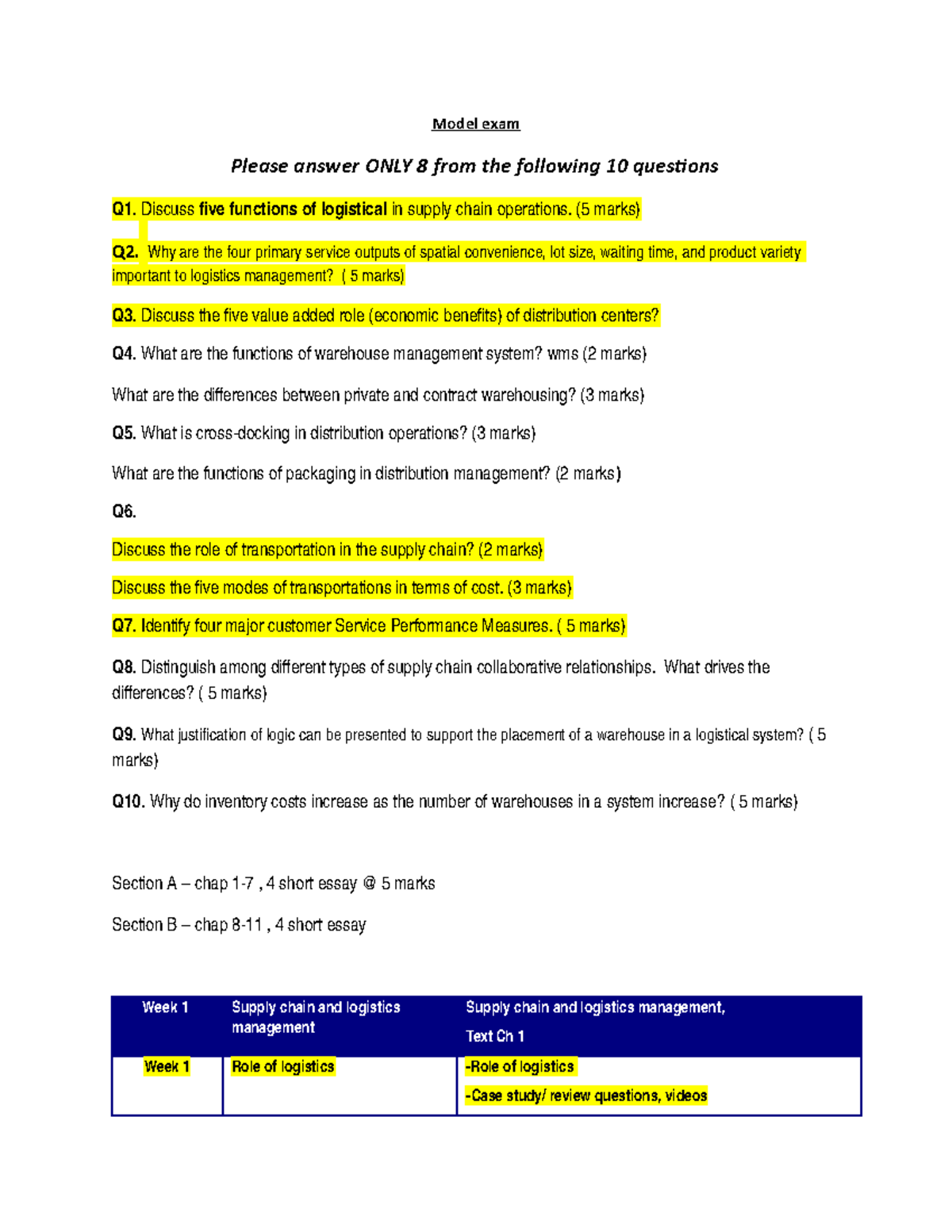 Model exam Distribution Management - Model exam Please answer ONLY 8 ...