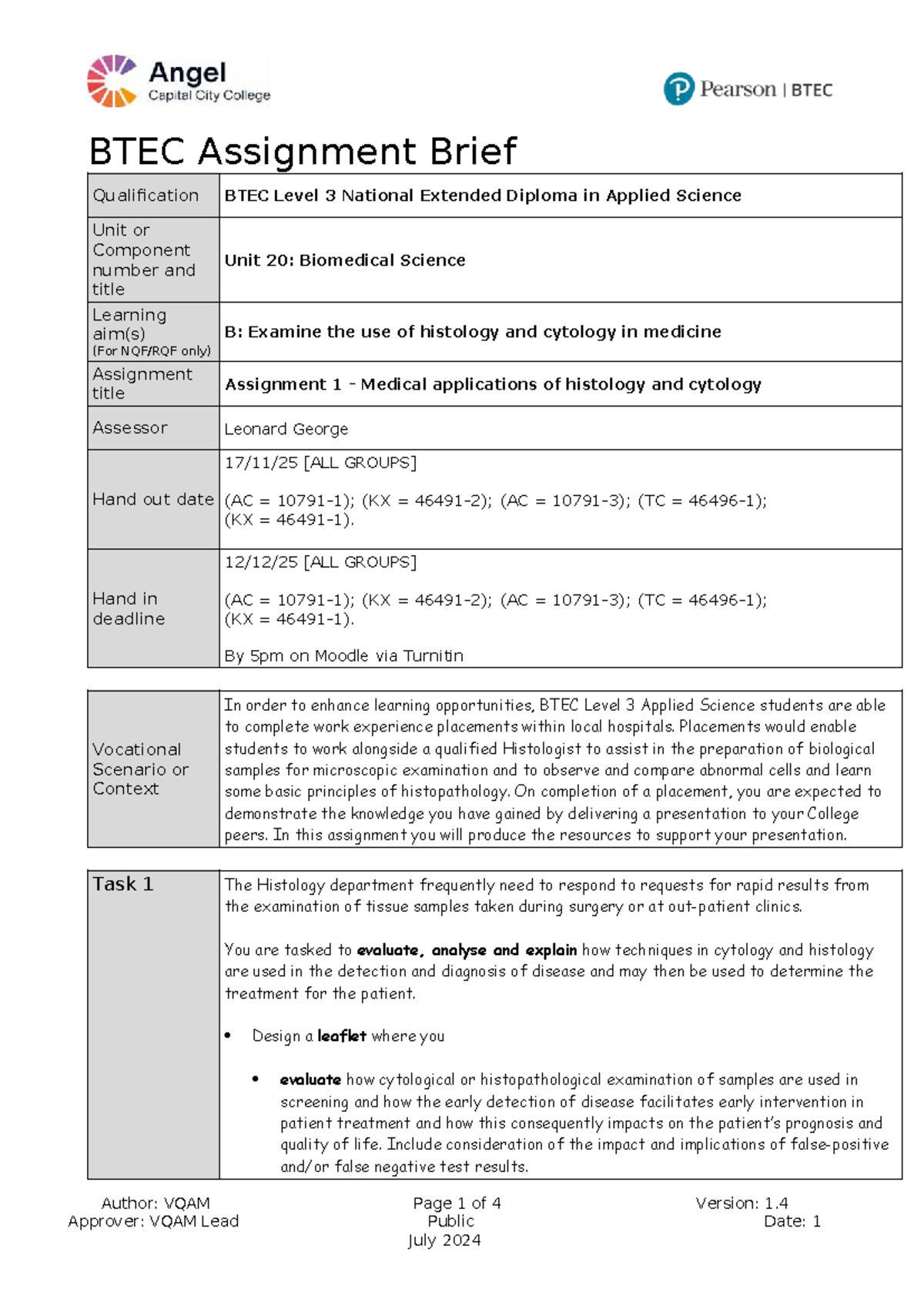 BTEC Level 3 Unit 20 Assignment 1: Histology & Cytology in Medicine ...