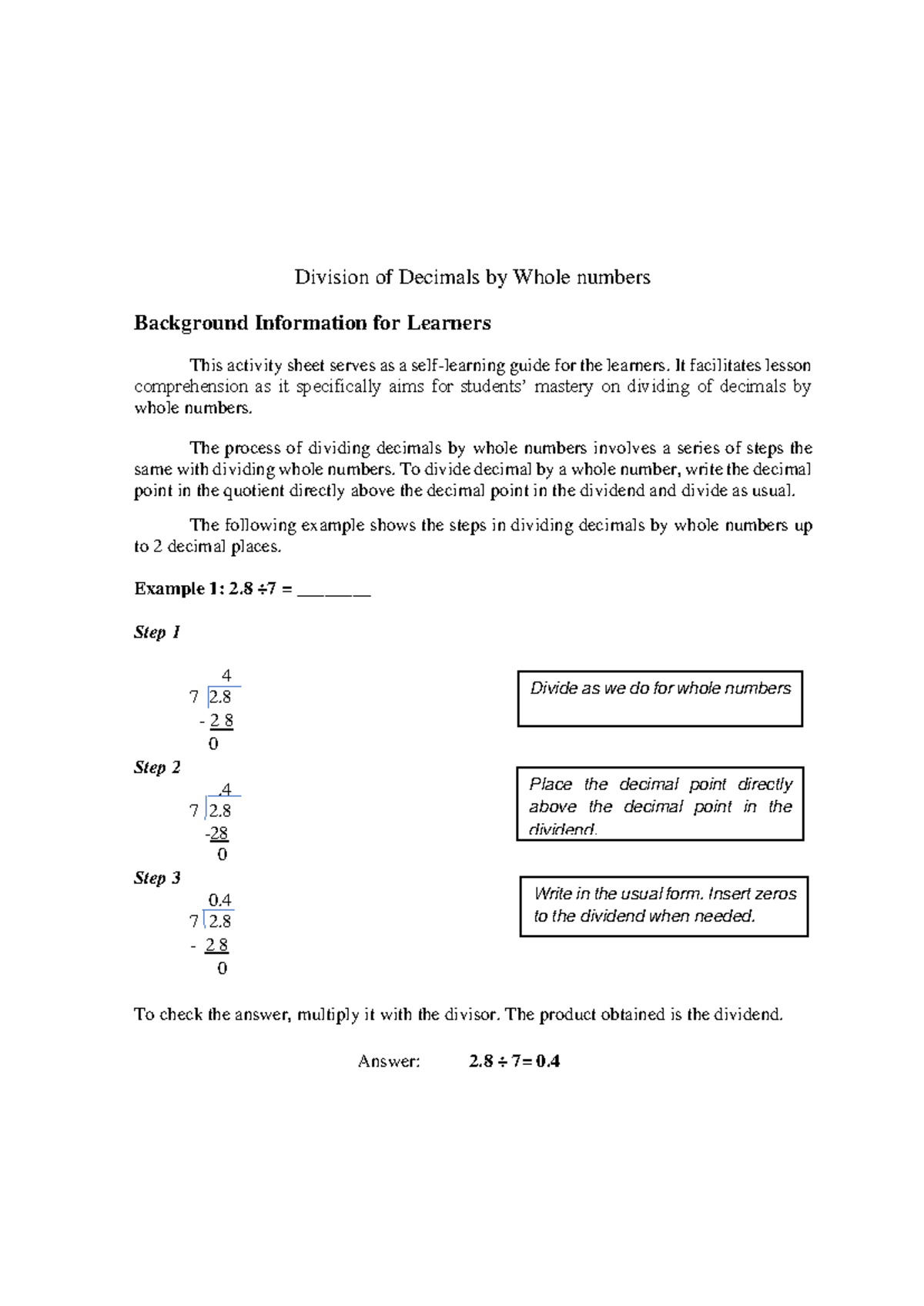 MATHEMATICS 6: Learning Activity Sheet on Division of Decimals - Studocu