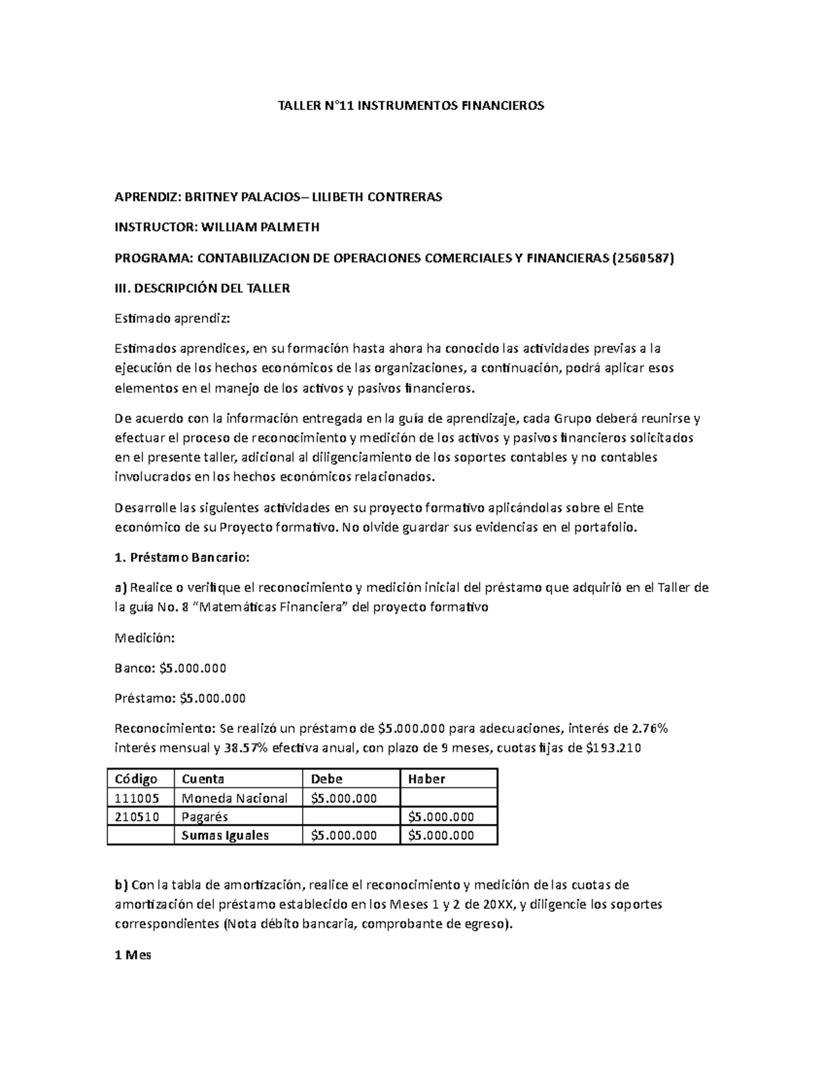 Taller #11: Instrumentos Financieros - Contabilización (2560587) - Document Preview