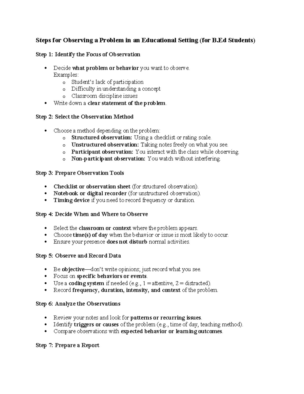 Steps for Observing Classroom Problems: A Guide for B.Ed Students - Studocu