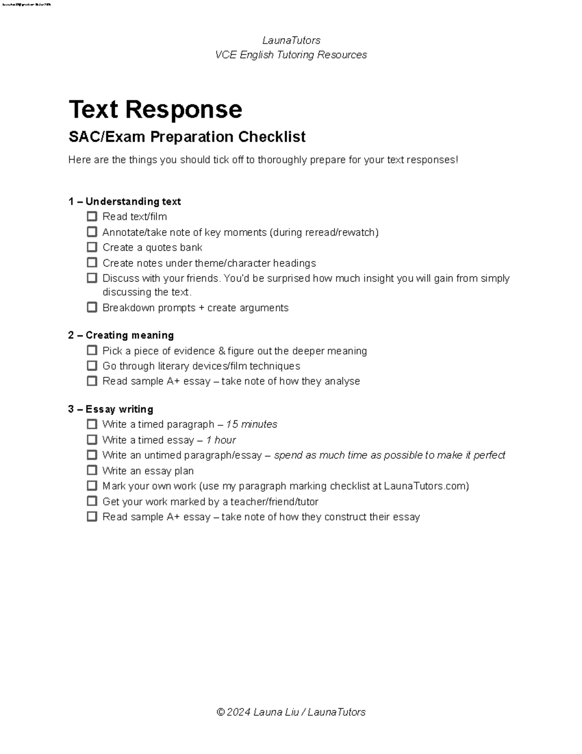 LaunaTutors VCE English Text Response SAC Exam Prep Checklist - Studocu