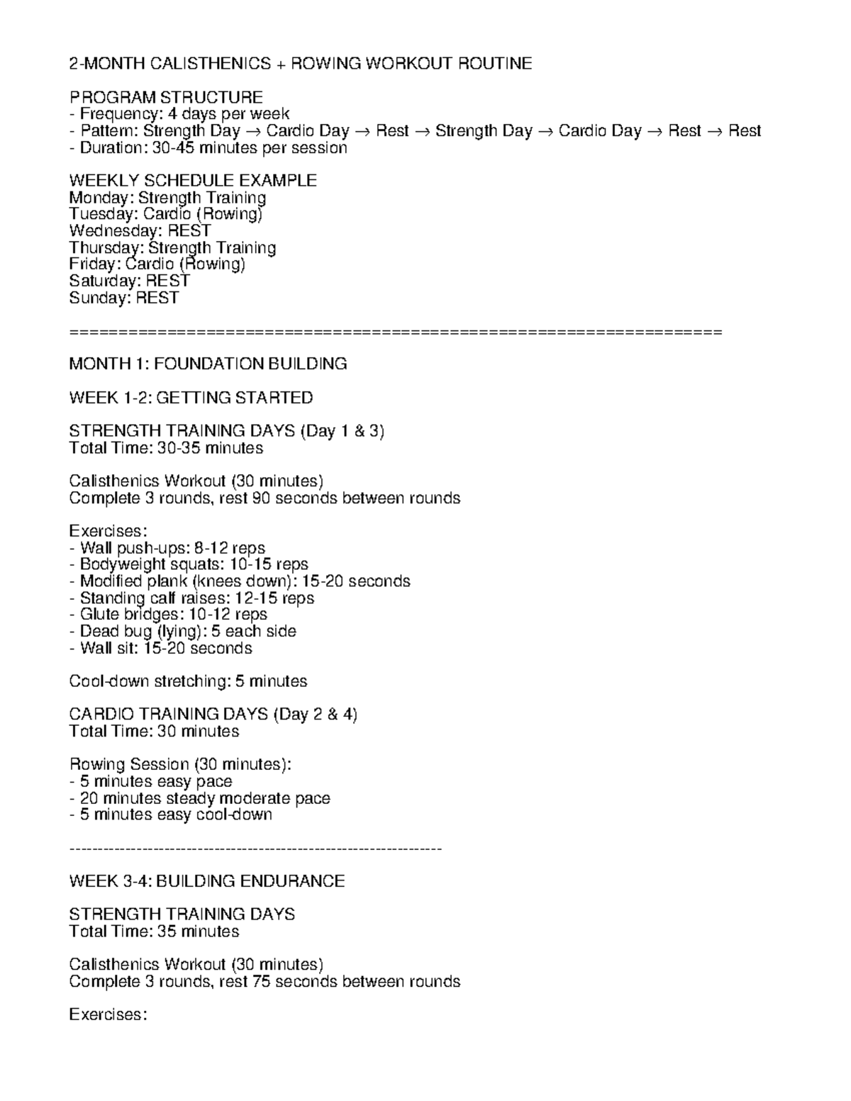 CALISTHENICS & ROWING WORKOUT ROUTINE: 4-DAY PROGRAM - Studocu