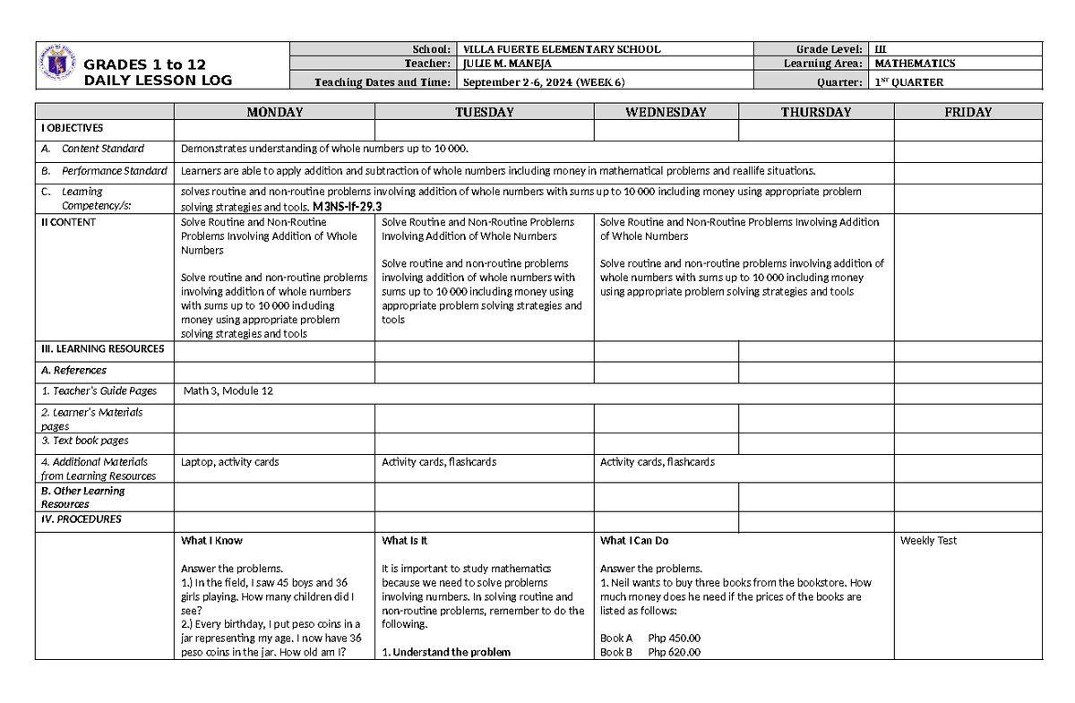 DLL Mathematics 3 Q1 W6 Lesson Plan and Activities for Grade 3 - Studocu