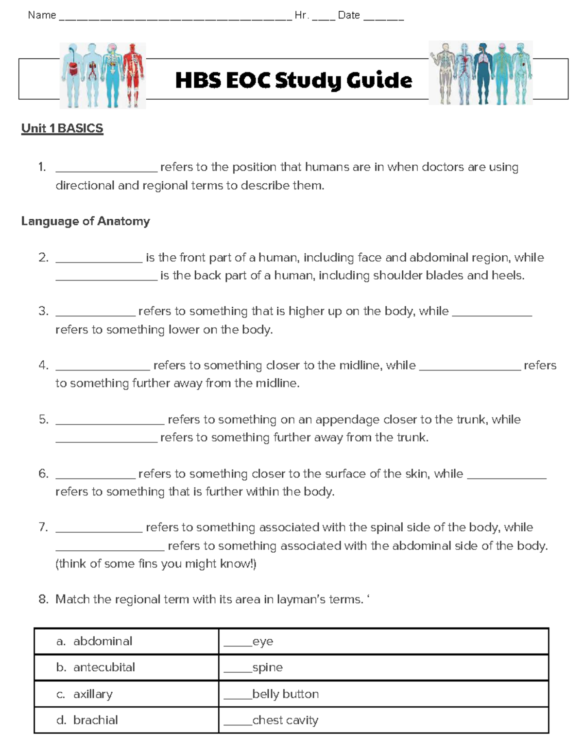 HBS EOC Study Guide: Unit 1 Basics of Human Anatomy and Physiology ...