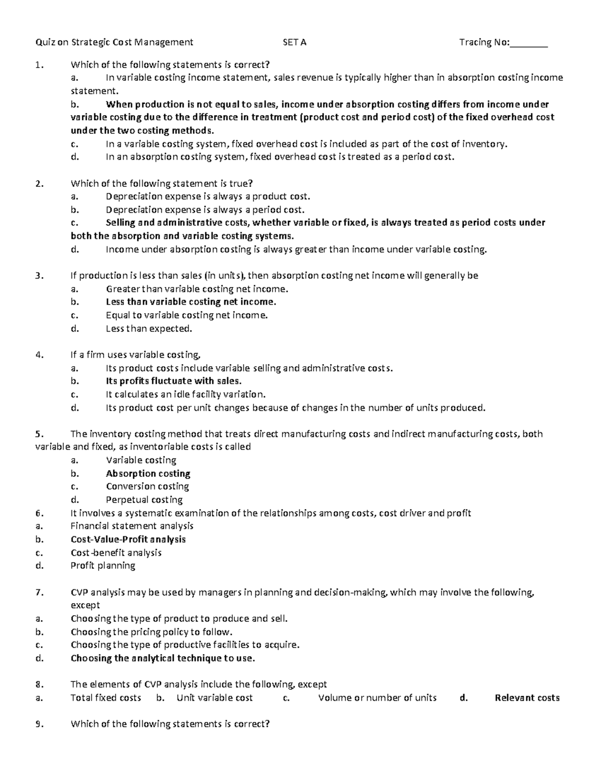 Quiz on Strategic Cost Management SET A: Key Concepts and Questions ...