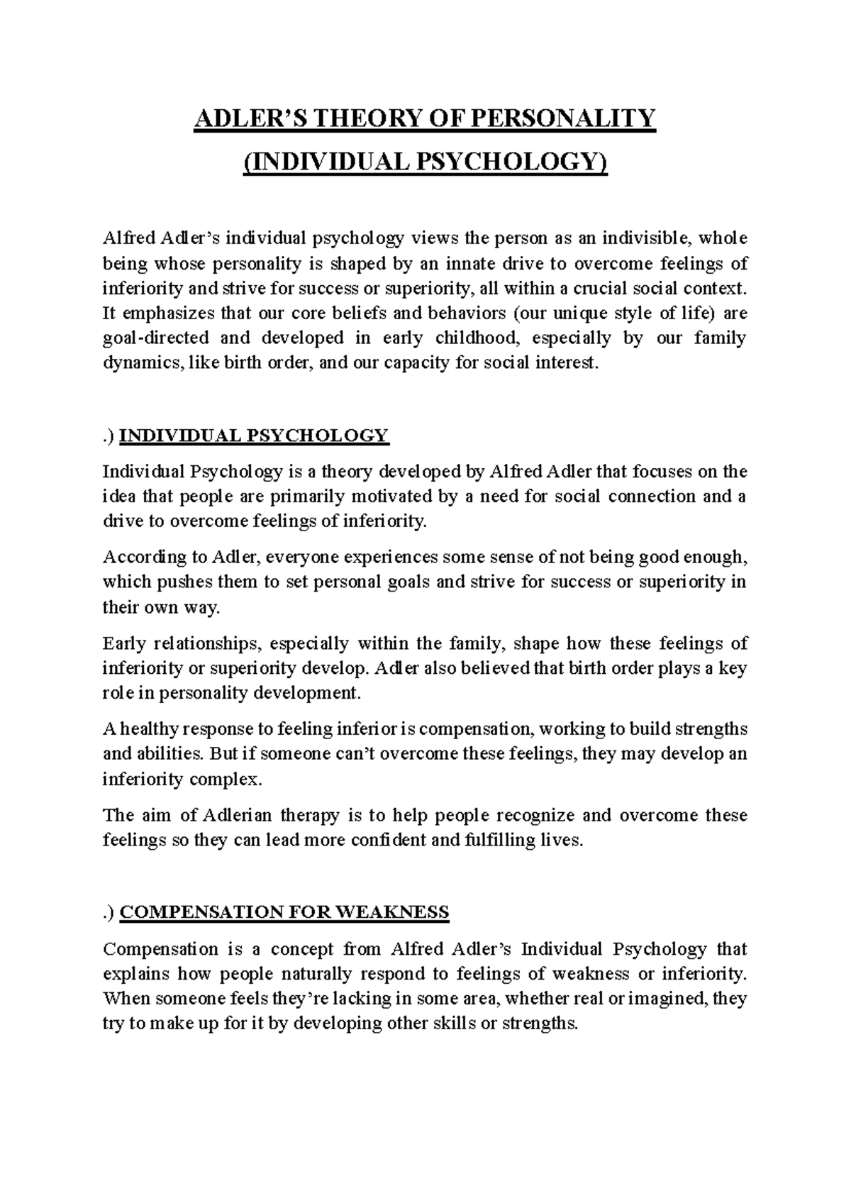 Adler Personality Theory: Key Concepts & Applications (PSY 101) - Studocu