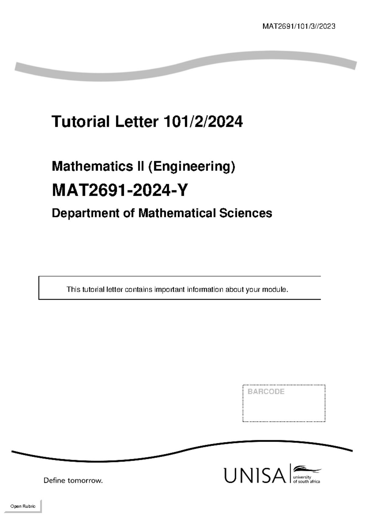 MAT2691-Tutorial Letter 101/2/2024 - Essential Module Info - Studocu