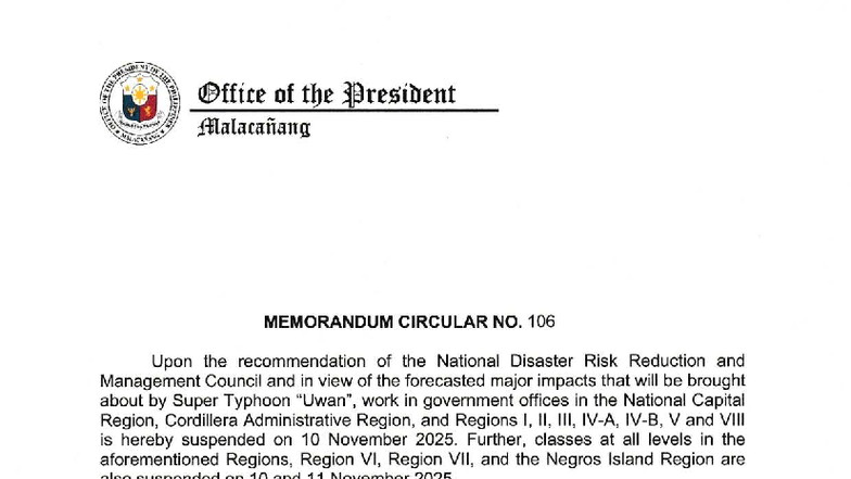 Memorandum Circular No. 106: Suspension of Work & Classes Due to Super ...