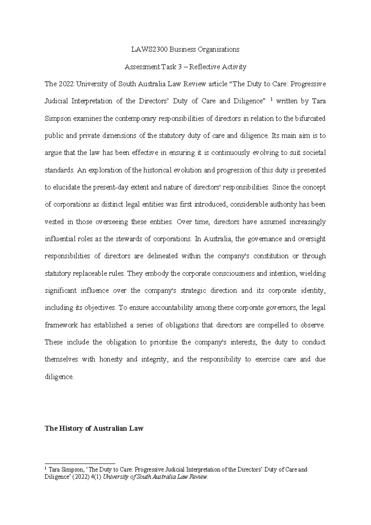 LAWS2300 Assessment Task 3 - LAWS2300 Business Organisations Assessment ...