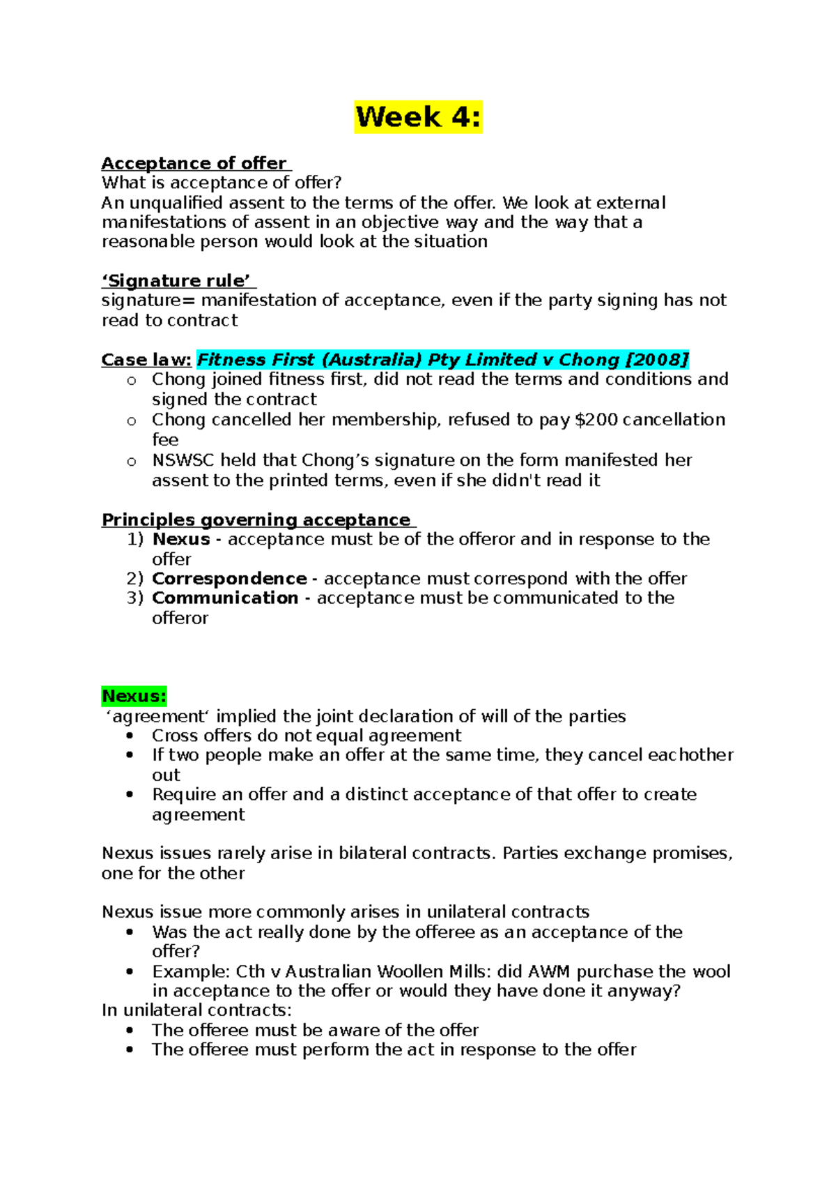 LLB120 Contract Law A - Week 4: Understanding Acceptance of Offer - Studocu