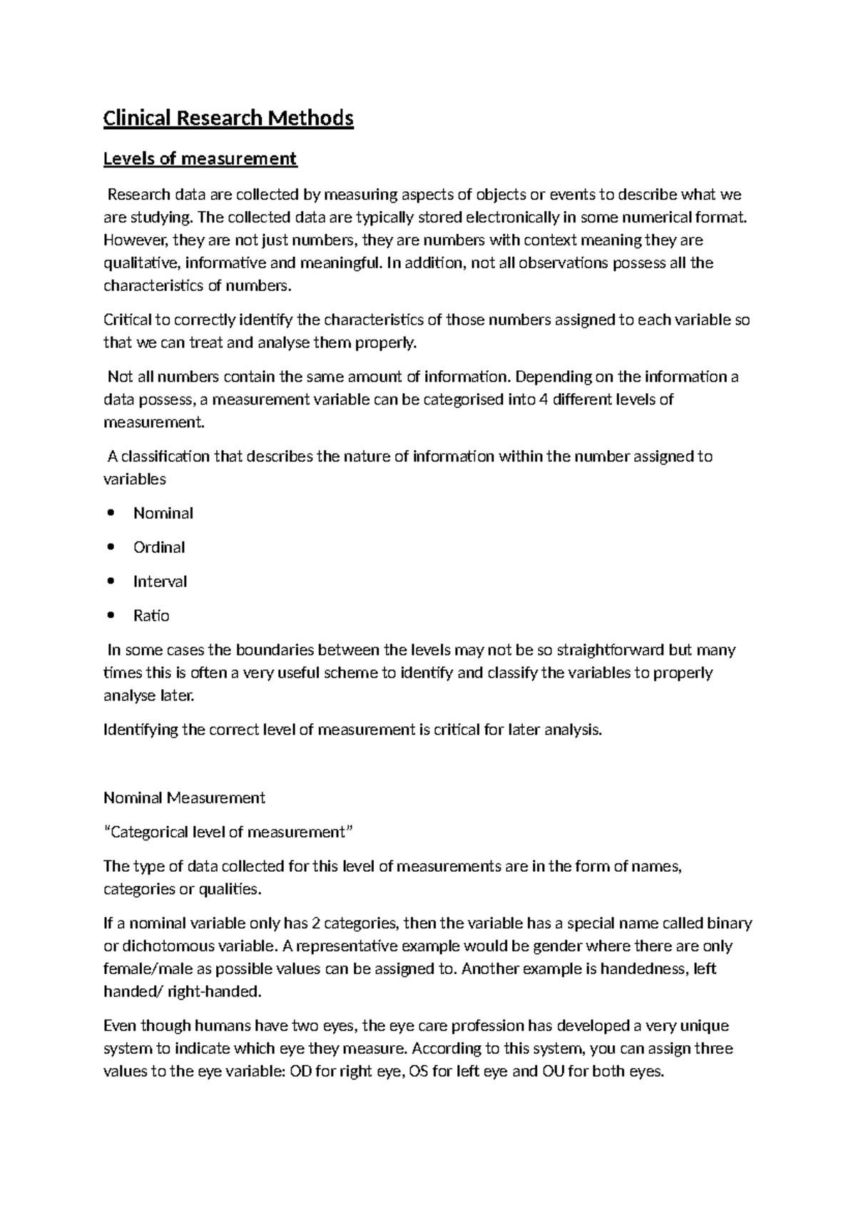 lecture notes ... - Clinical Research Methods Levels of measurement ...