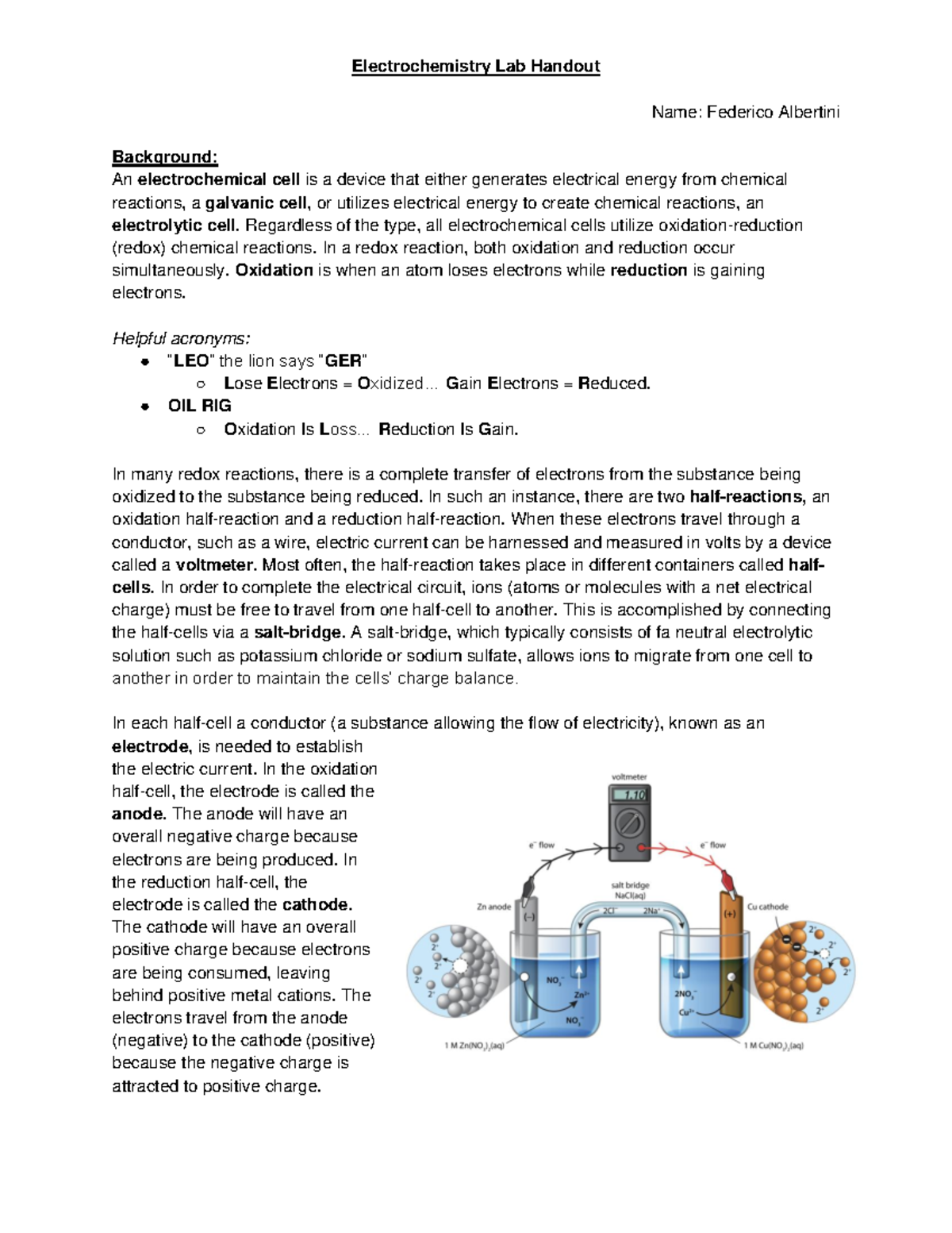 Lab 3: Electrochemistry - Understanding Redox Reactions and Cell ...