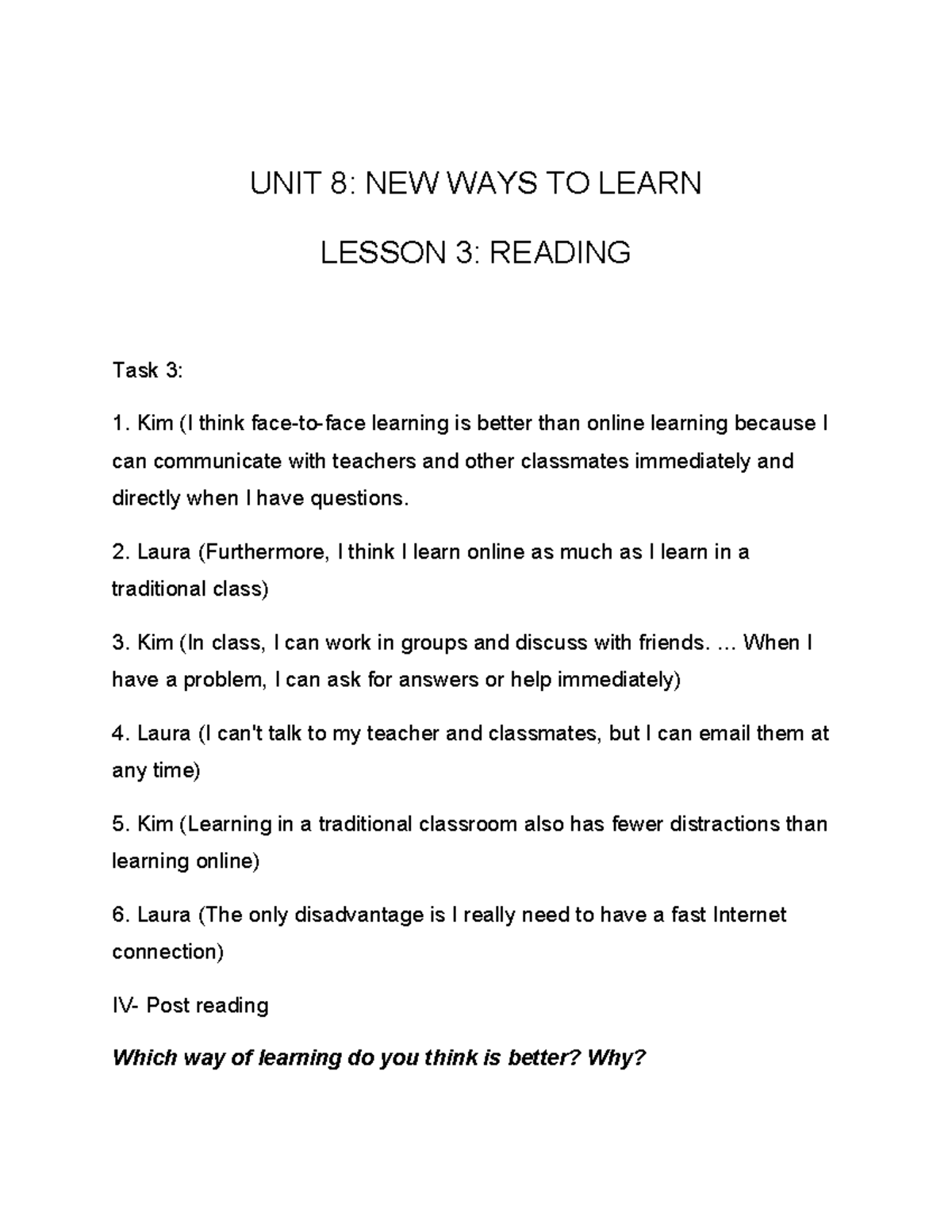 UNIT 8: NEW WAYS TO LEARN - LESSON 3 READING DISCUSSION - Studocu