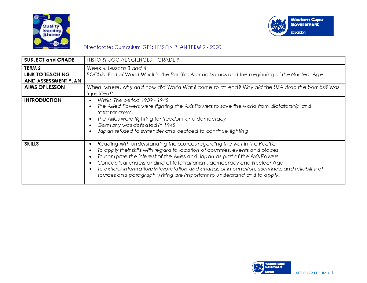 Lesson Plan GET SP Gr 9 Social Sciences: WWII & Nuclear Age (Weeks 3-4 ...