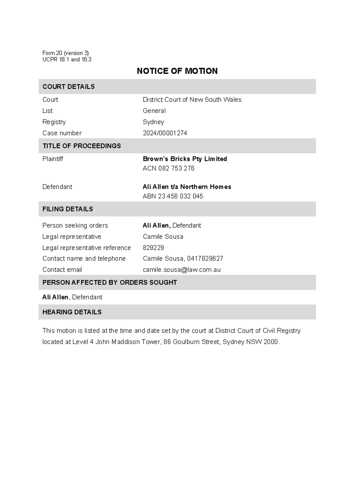 Notice of Motion + Affidavit - COURT DETAILS TITLE OF PROCEEDINGS ...