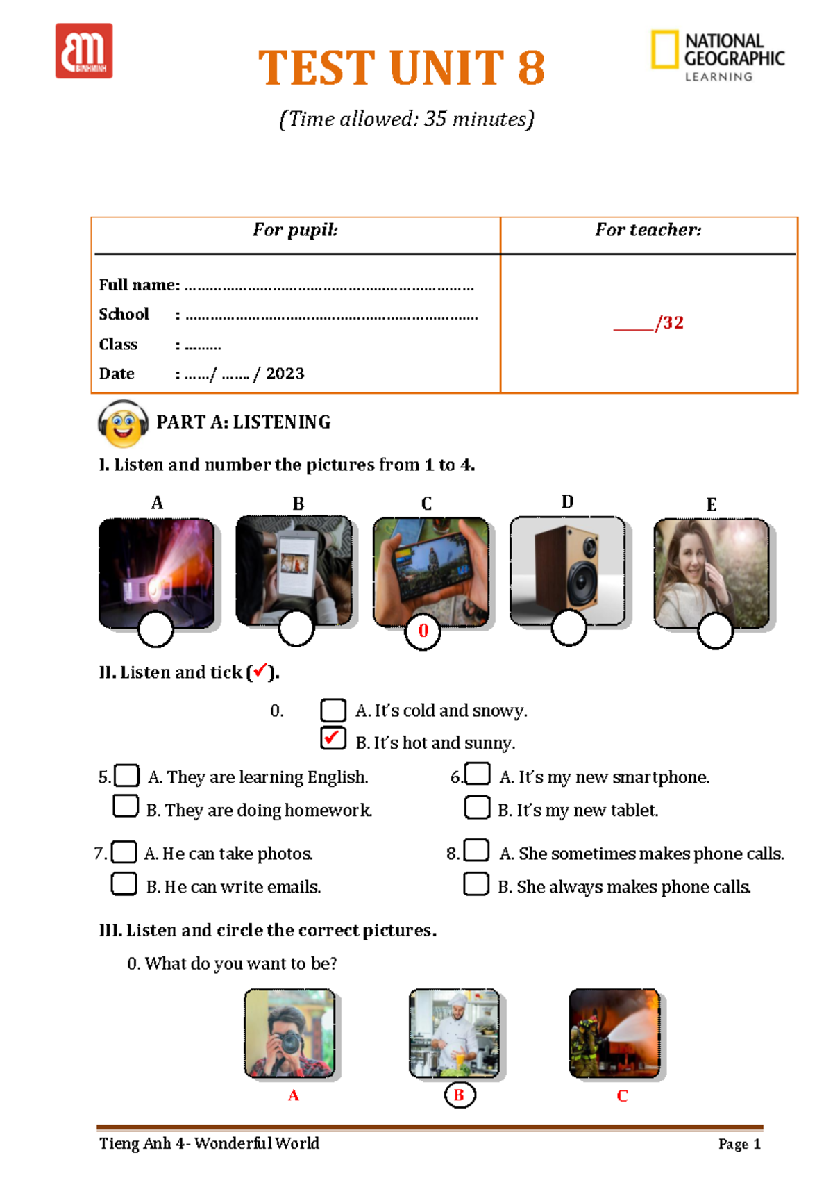G4 U8 75 - listening and reading test for Tieng Anh Wonderful World ...