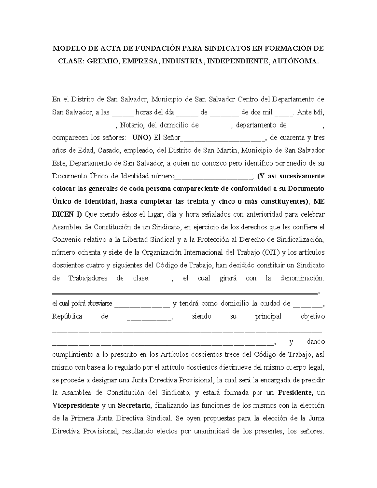 ACTA DE FUNDACIÓN DE SINDICATO PRIVADO EN SAN SALVADOR - Document Preview
