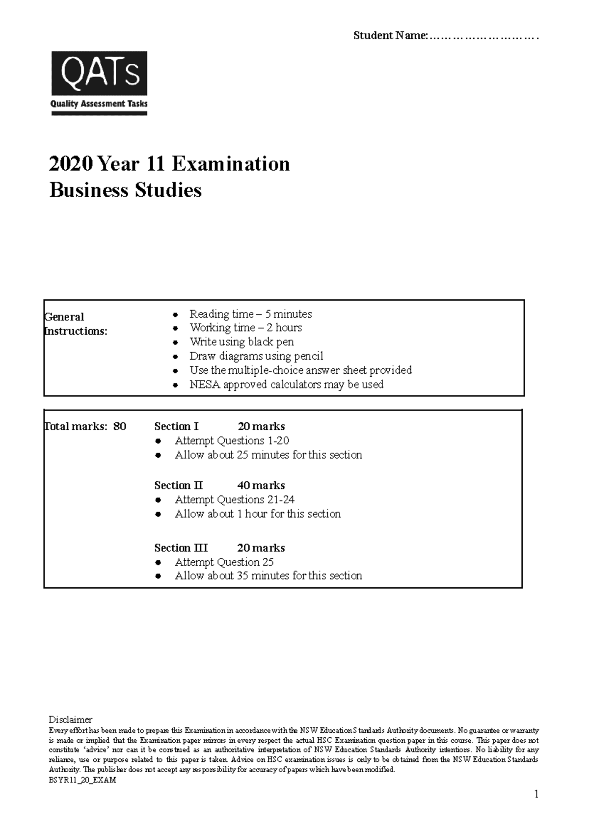 BSYR11 2020 Year 11 Business Studies Exam Instructions and Questions ...