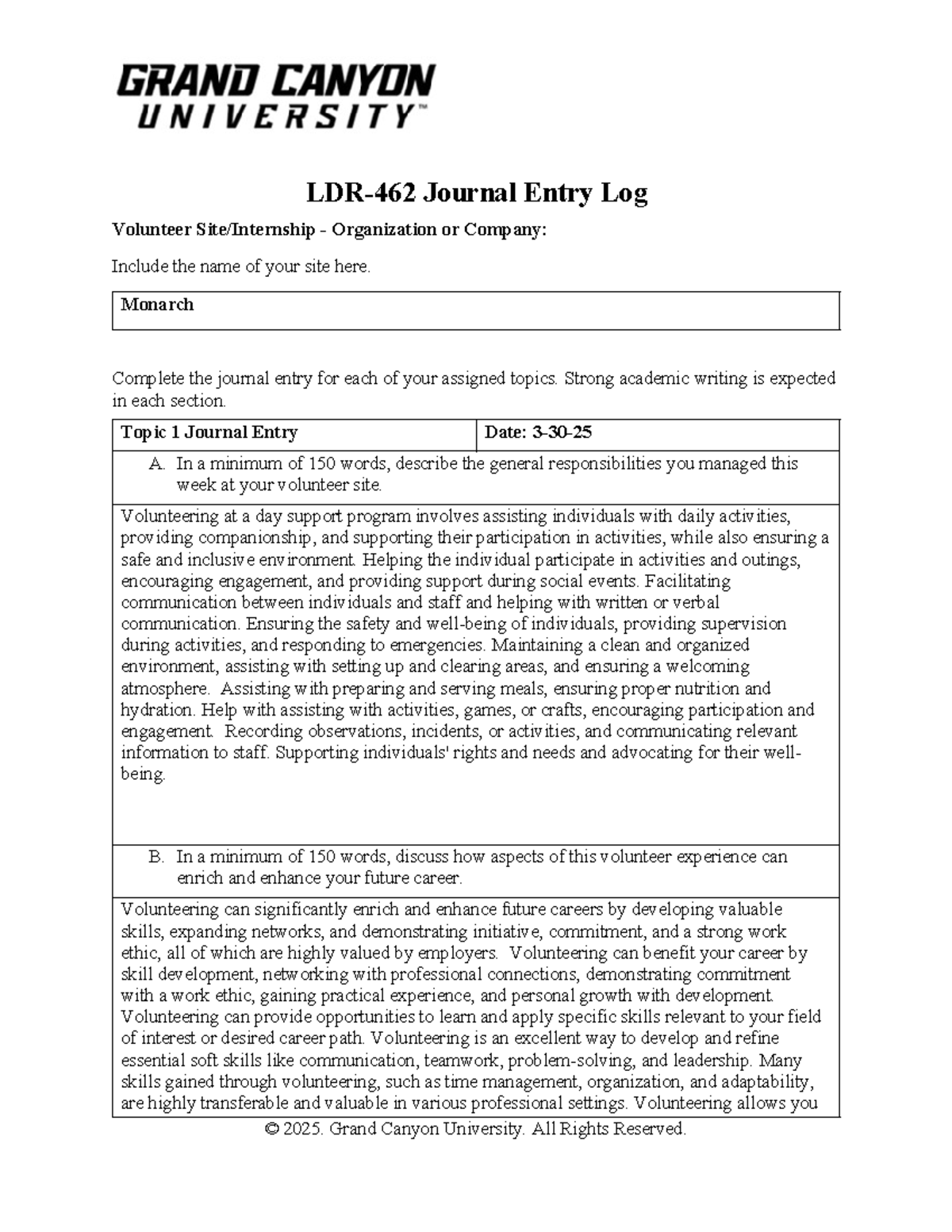 LDR 462 RS Volunteer Journal Entry Log: Reflections and Insights - Studocu