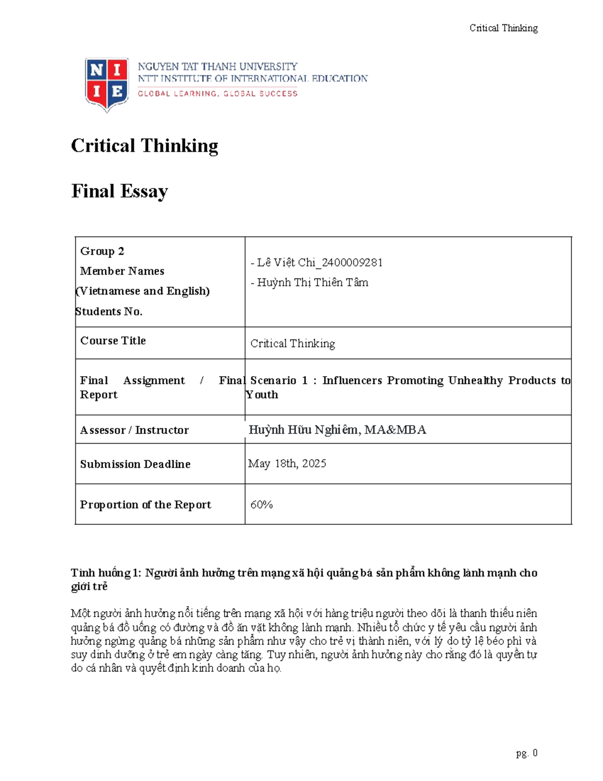 Critical Thinking (CT101) Final Essay: Influencers & Youth Health - Studocu