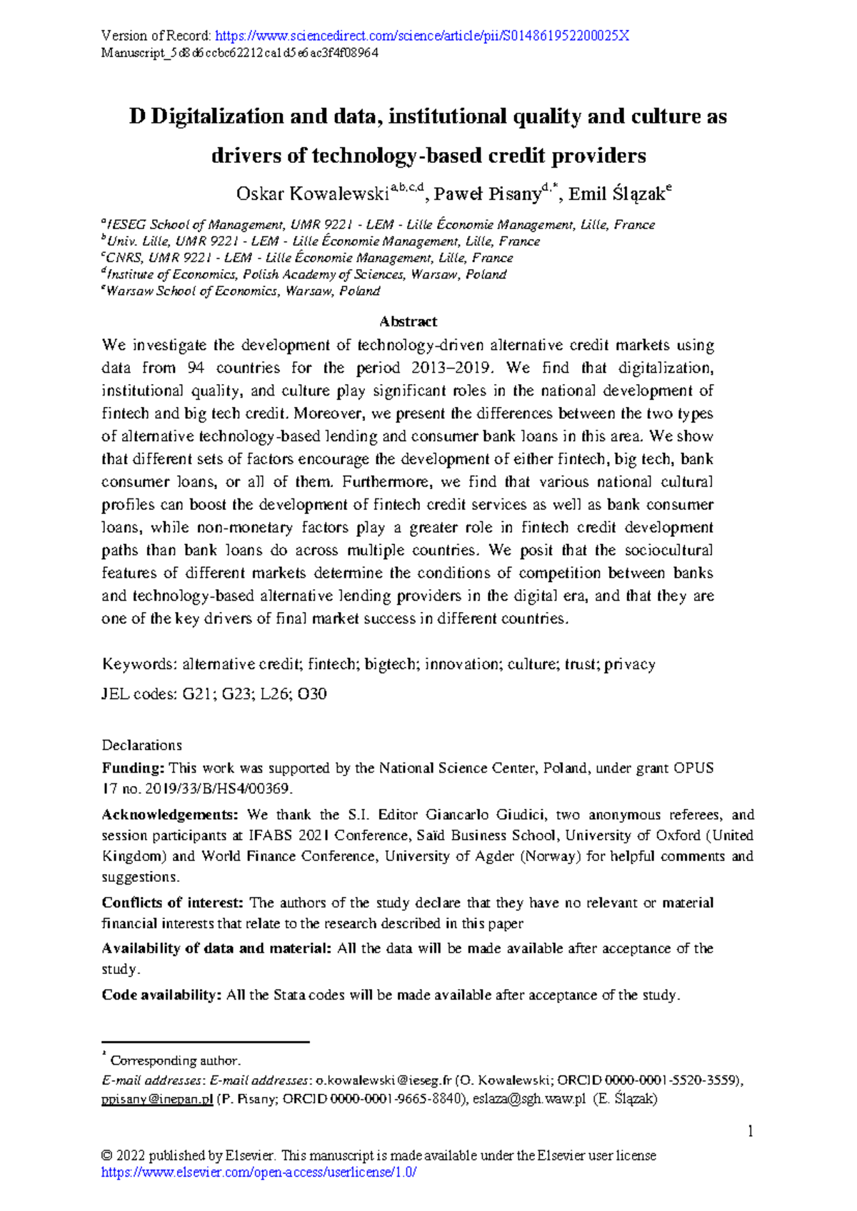 Digitalization and Culture as Drivers of Tech-Based Credit Providers: A ...