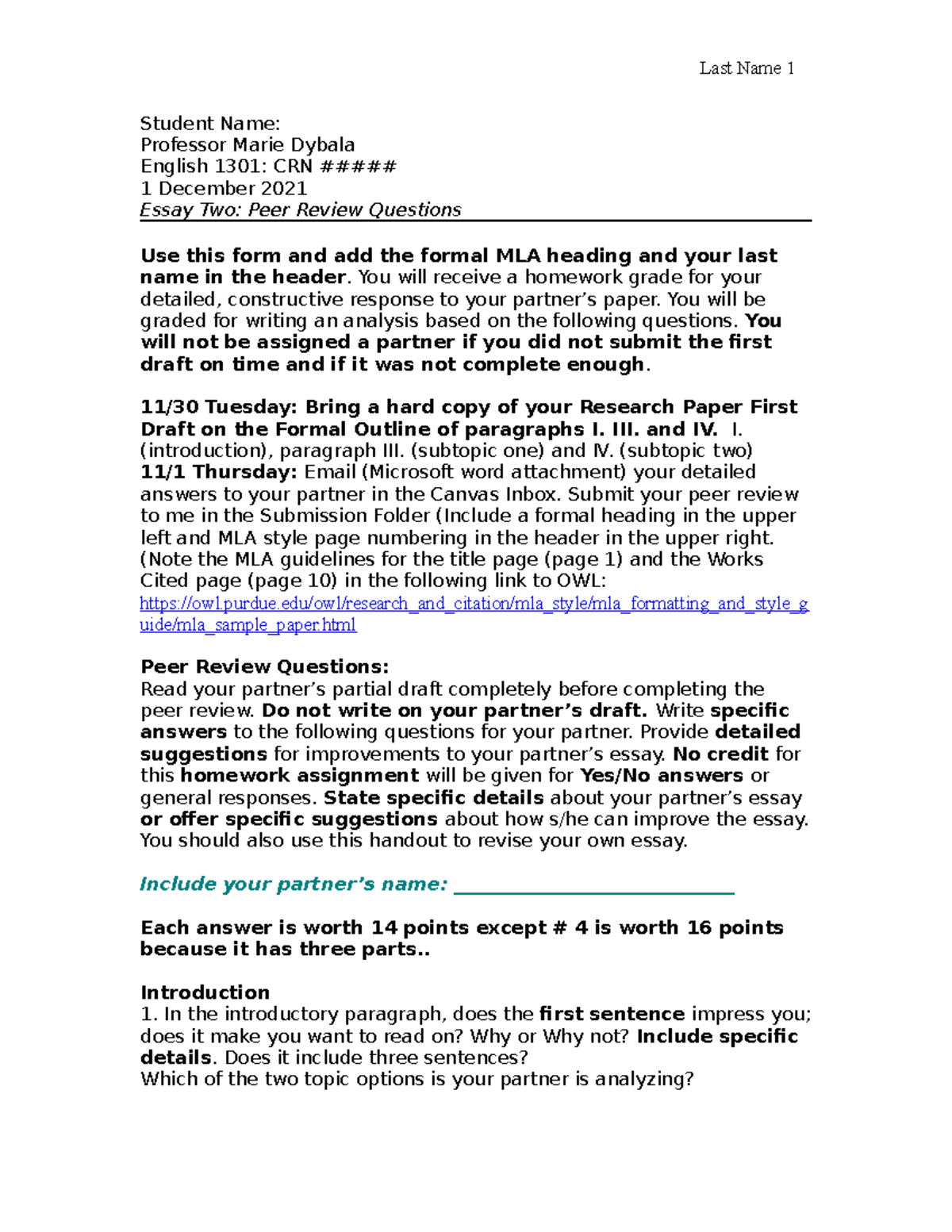 Peer Review Questions for English 1301 Research Paper - Studocu