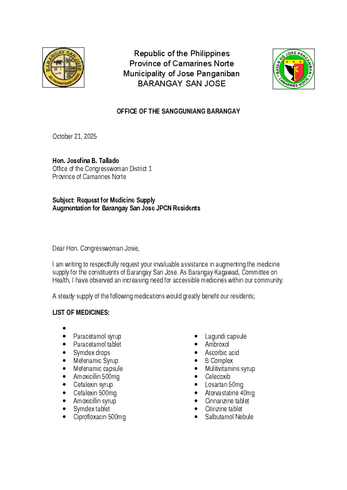 Request Letter for Medicine Supply Augmentation - Barangay San Jose ...