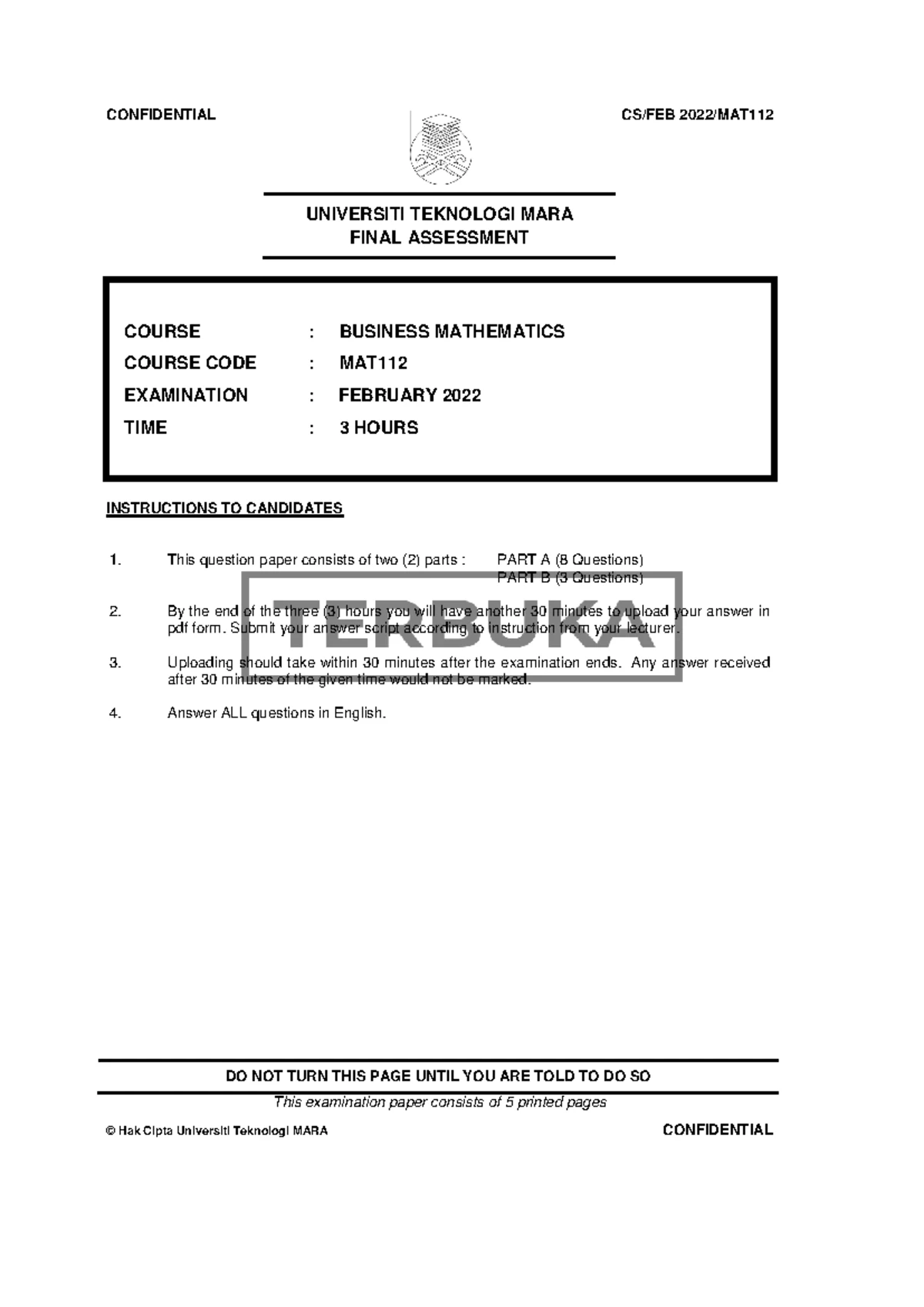 MAT112 - Final Exam Past Paper for Business Mathematics (July 2022 ...