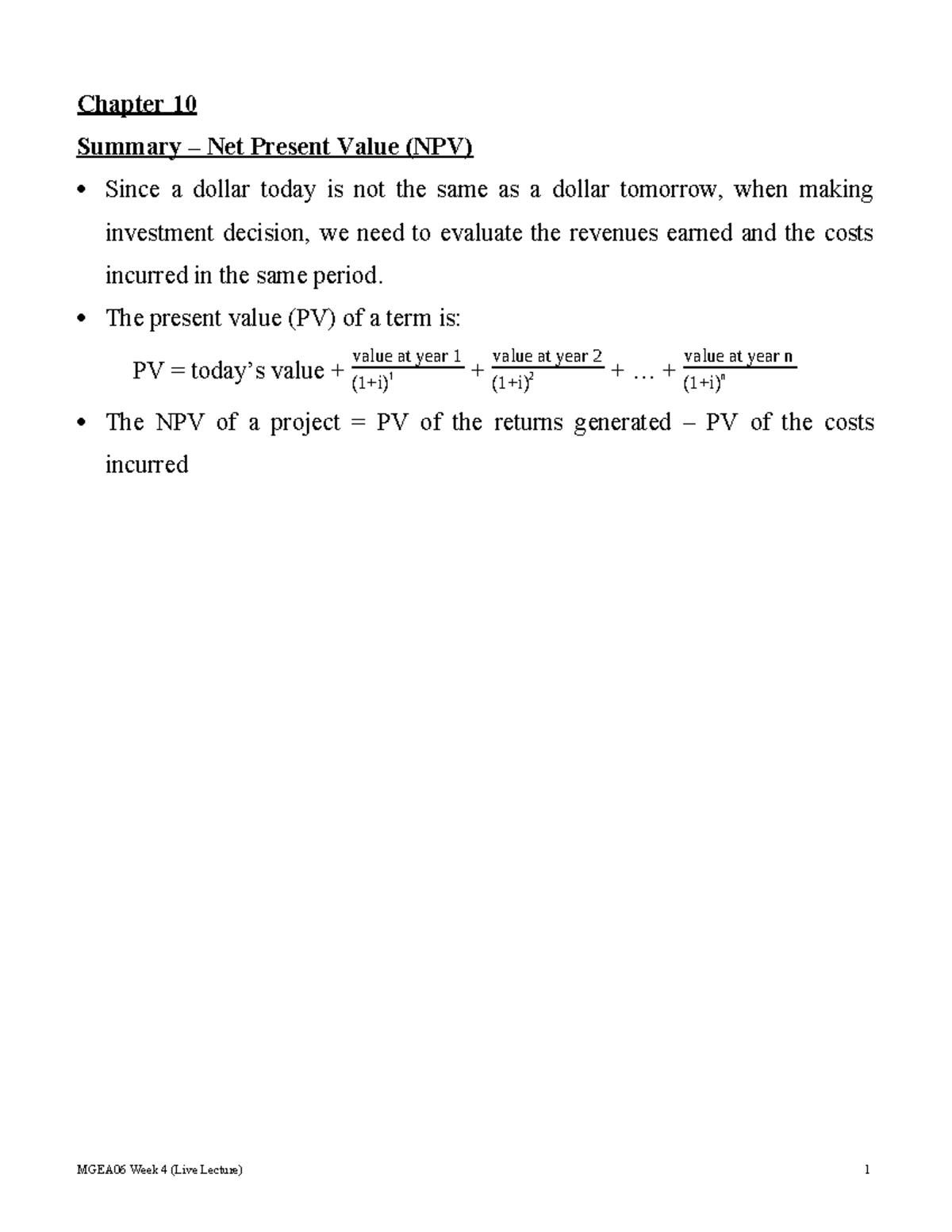 MGEA06 Week 4 Lecture Notes: Net Present Value & Loanable Funds Market ...