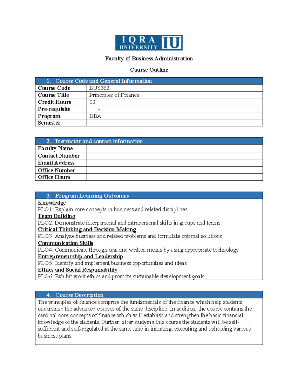 BBA- Principles of Finance Course Outline & Learning Outcomes - Studocu