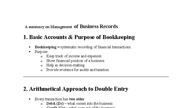 BBA MGT 101: Summary of Business Records Management and Bookkeeping ...