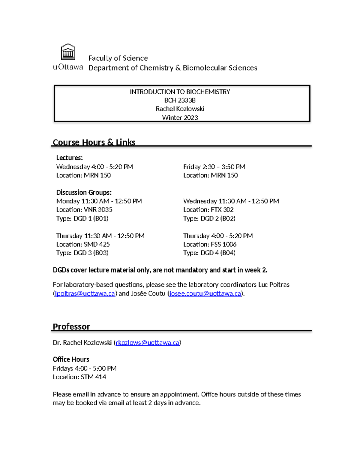 BCH 2333B Syllabus: Introduction to Biochemistry - Winter 2023 - Studocu