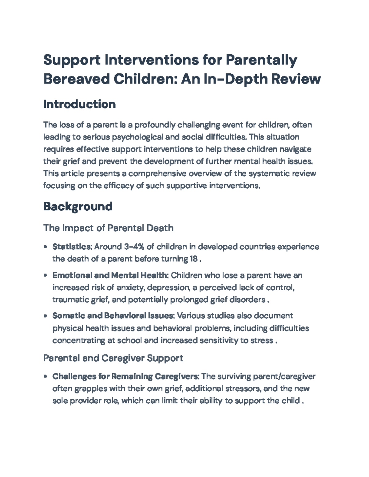 Support Interventions for Parentally Bereaved Children: A Systematic ...