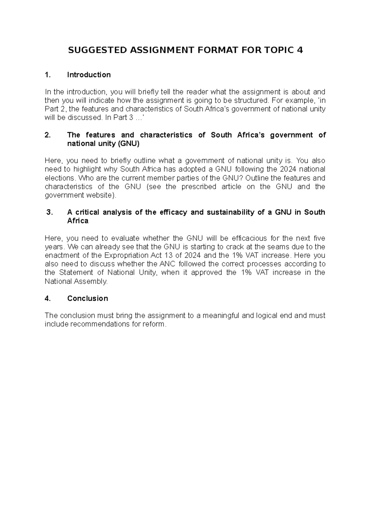 Assignment Format for Topic 4: Government of National Unity Analysis ...
