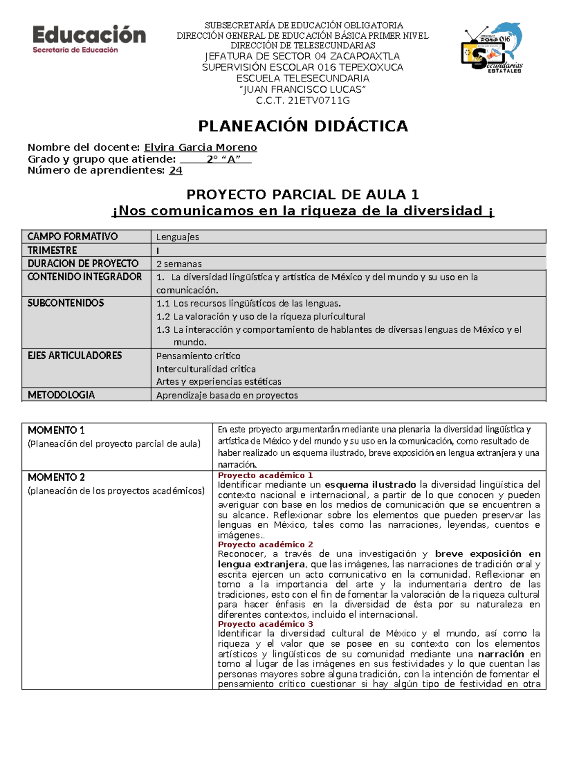 Planeación Didáctica: Proyecto Parcial de Aula 1 - Diversidad ...