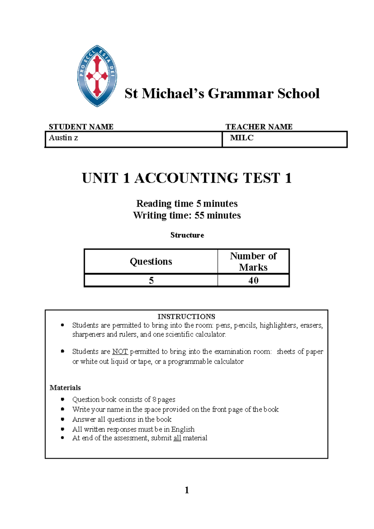 2021 Accounting Unit 1 Test 1 - Practice Questions RT1 - MILC - Studocu