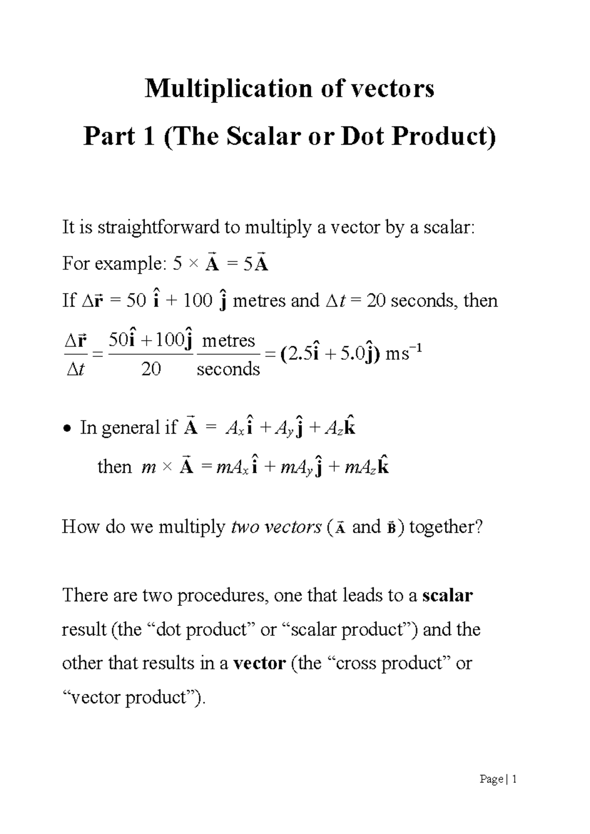 Multiplication of Vectors Part 1: Dot Product & Work Concepts - Studocu