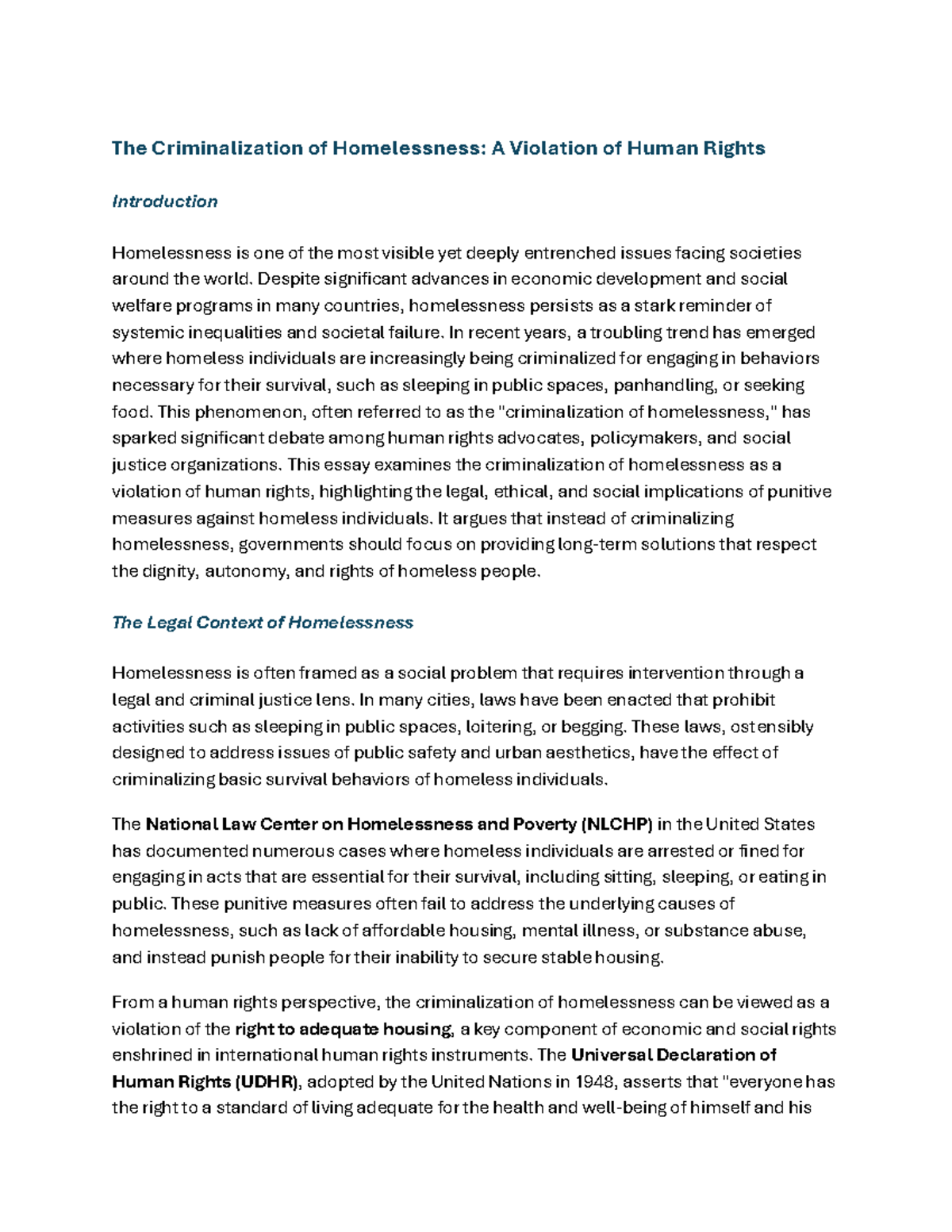 Ddd - very good - The Criminalization of Homelessness: A Violation of ...