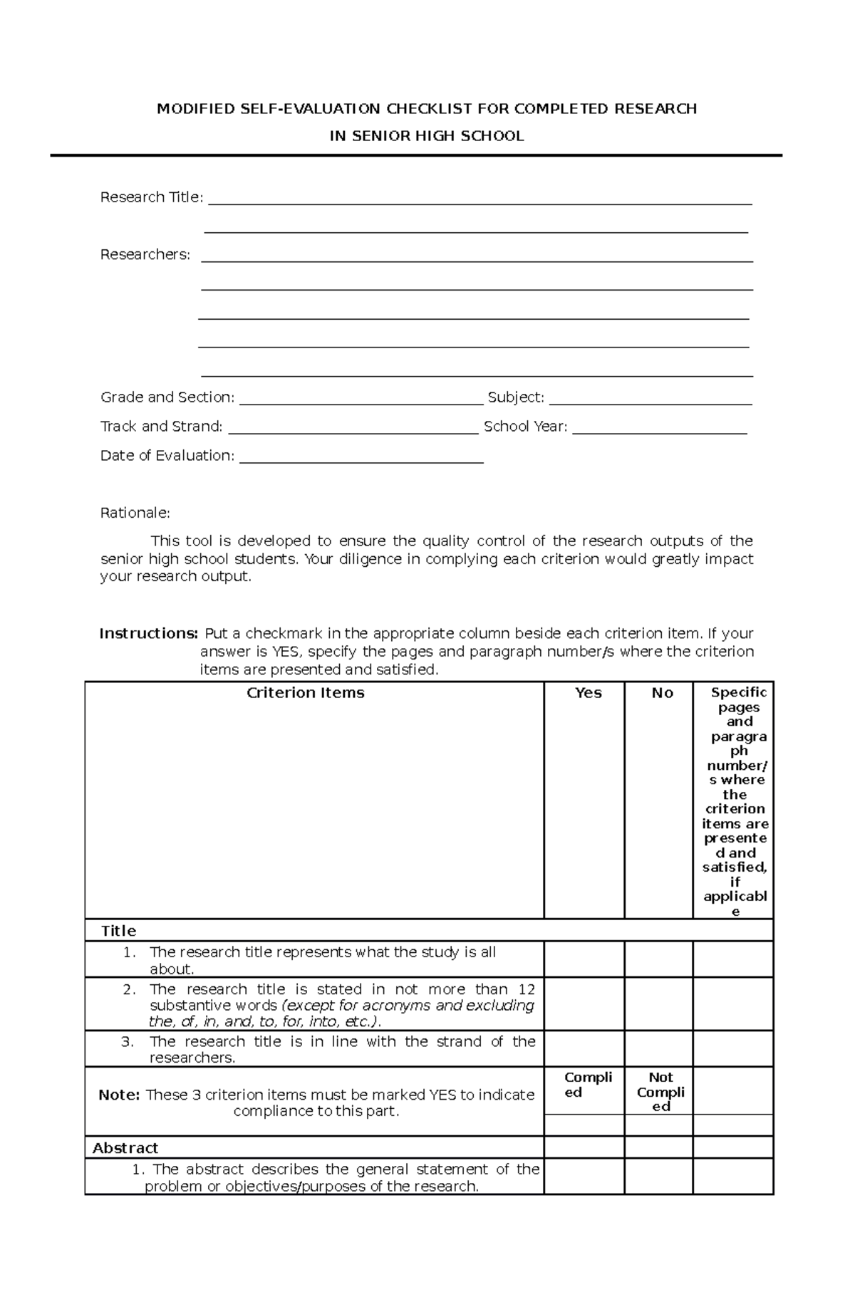 Modified Self-Evaluation Checklist for Completed Research in SHS - Studocu