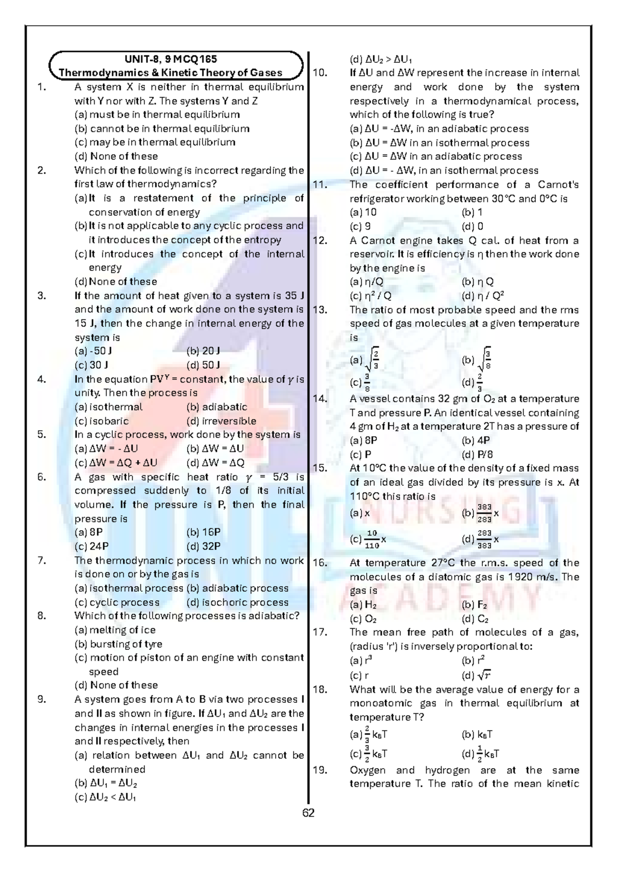 Thermodynamics & Kinetic Theory of Gases MCQ165 Study Guide - Studocu