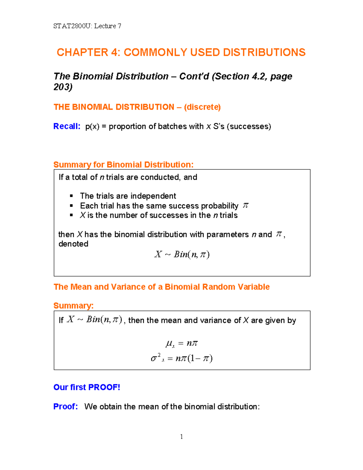 STAT2800U: Lecture 7 - Commonly Used Distributions Overview - Studocu